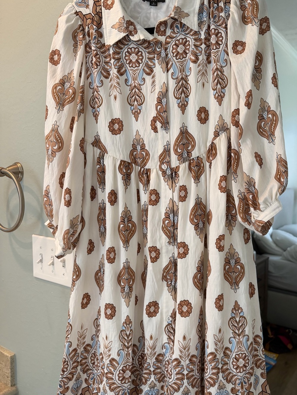 Boho Floral Print Cream and Brown Button-Front above knee collared dress